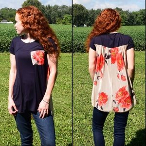 Navy Floral Sheer Back Top
